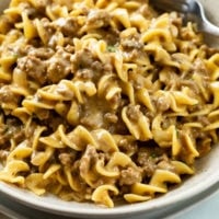 Beef and egg noodles in a creamy brown gravy sauce.