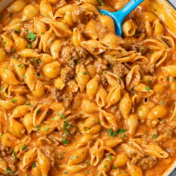 A skillet with Creamy Beef and Shells