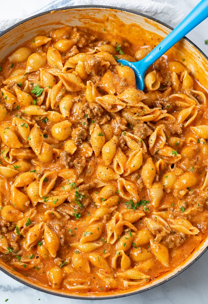 A skillet with Creamy Beef and Shells