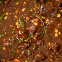 A ladle in a soup pot filled with Beef Vegetable Soup.