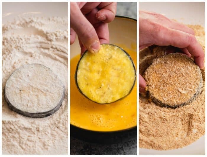 a hand dipping eggplant into flour, then egg, then breadcrumbs for eggplant parmesan.