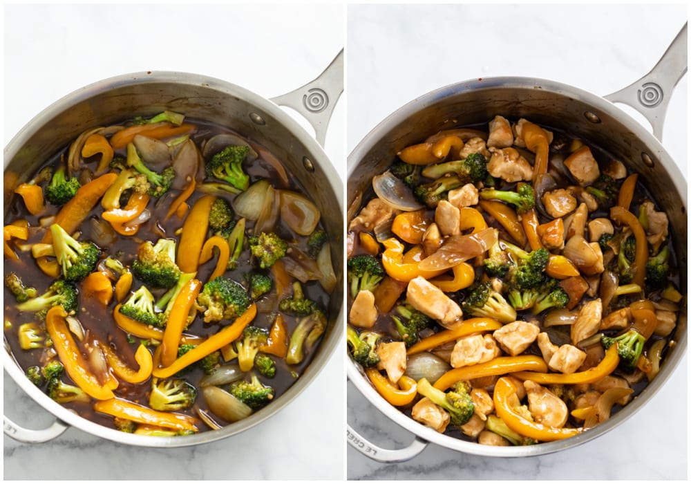 A skillet filled with Chicken and Broccoli Stir Fry in a brown sauce.