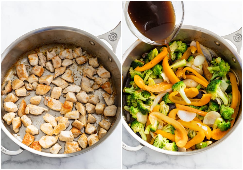 Diced and cooked chicken in a skillet next to a skillet with broccoli, bell peppers, and onions.