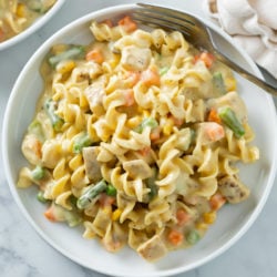 A white plate with creamy chicken and noodles with vegetables and a fork on the side.