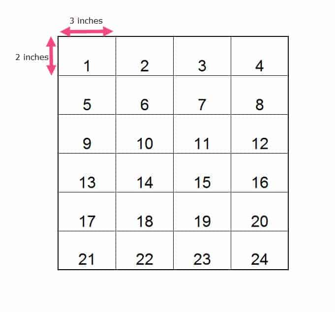 Chart showing how to evenly cu 24 squares from a puff pastry sheet.