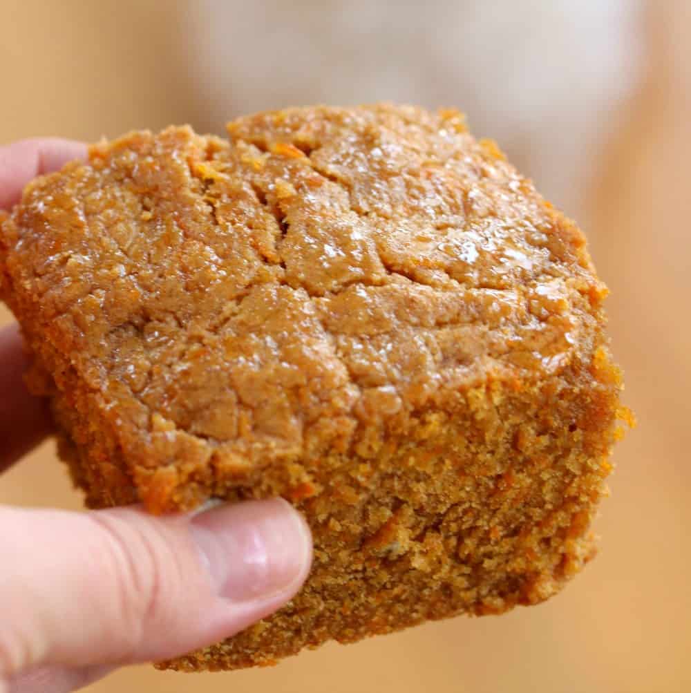 A hand holding up a piece of homemade dog birthday cake.