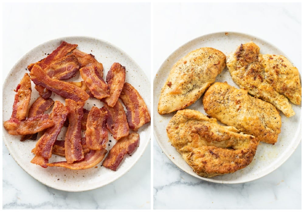 Crispy bacon and seared chicken on a plate for making Bacon Chicken.