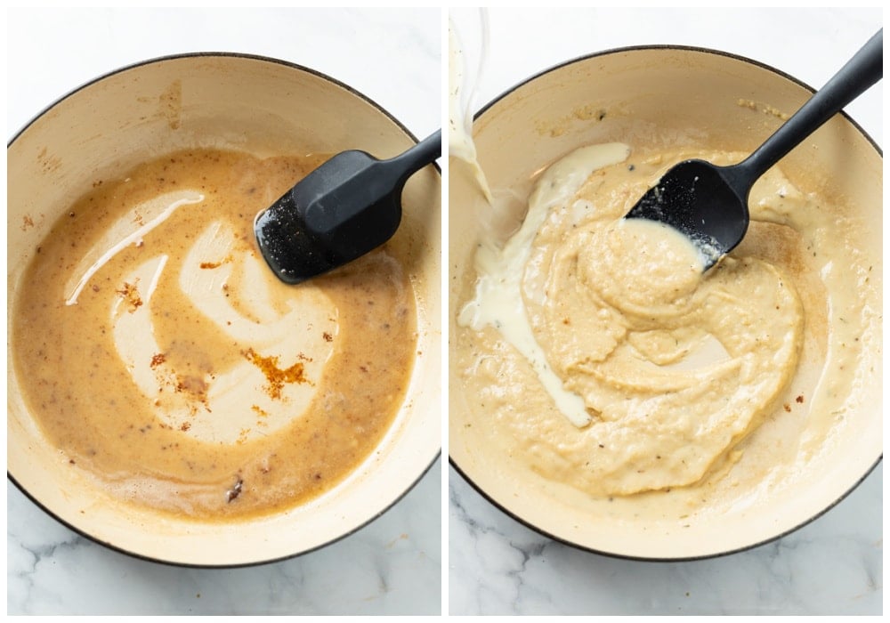 Roux in a skillet with a chicken broth mixture and cream with seasonings being added to make sauce.