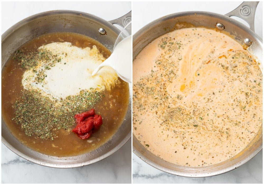 Adding seasonings, tomato paste, and cream to a skillet to make Bacon Pasta.