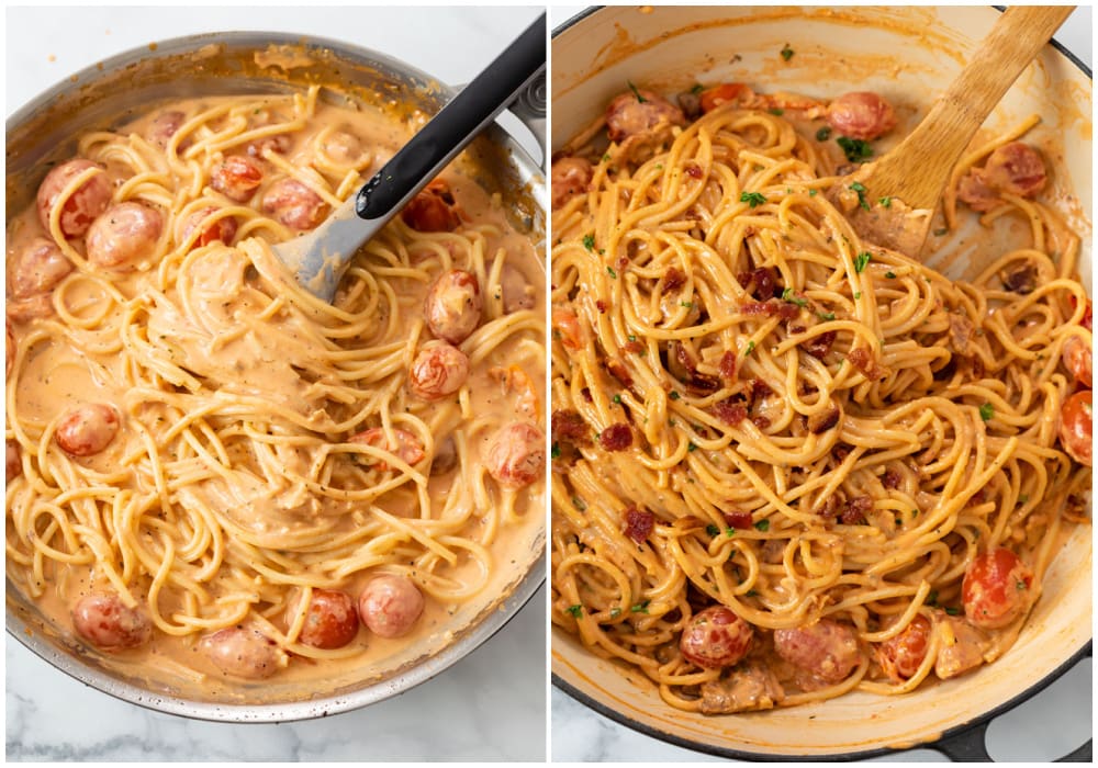 Stirring pasta into creamy tomato bacon sauce in a skillet.