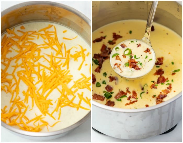 Adding shredded chicken to broth, next to a pot filled with baked potato soup with chives and bacon.