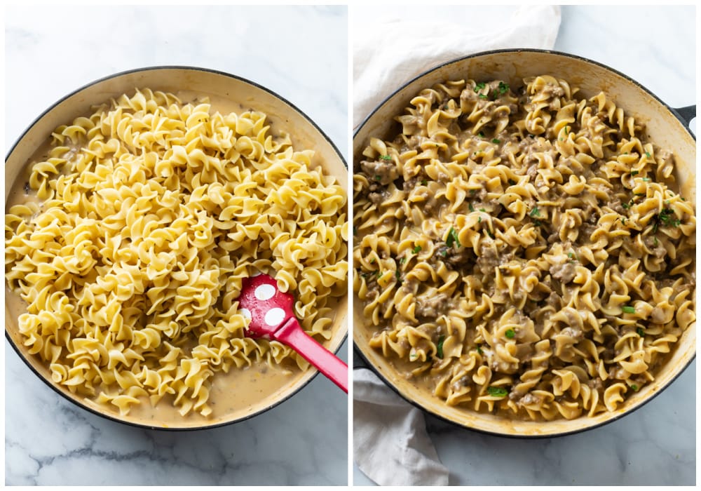 Adding egg noodles to a creamy gravy sauce for ground beef and noodles.