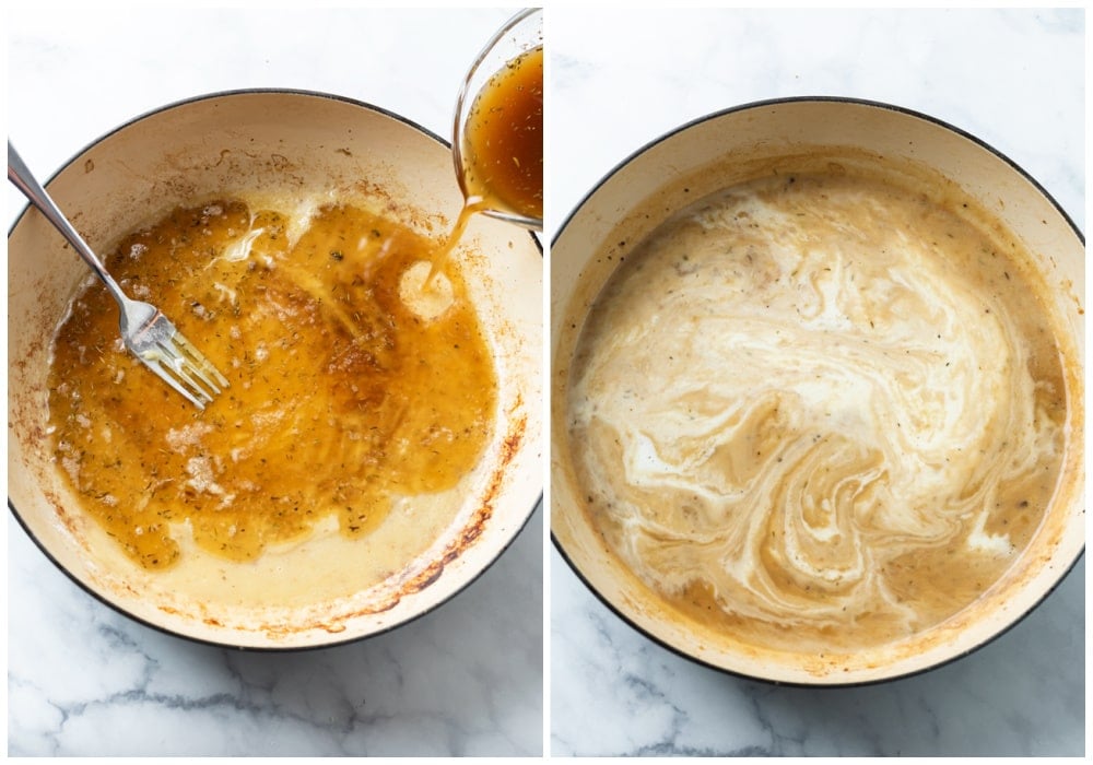 Adding beef broth and cream to roux to make a creamy beef sauce.