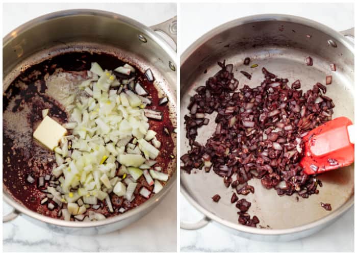 Cooking down onions, butter, and red wine as a base for Beef Vegetable Soup.