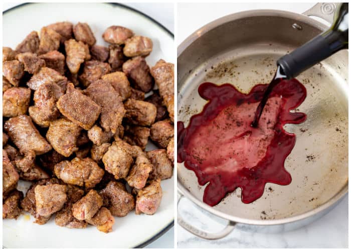 Seared and Cubed Meat for Soup next to a soup pot with red wine being added.