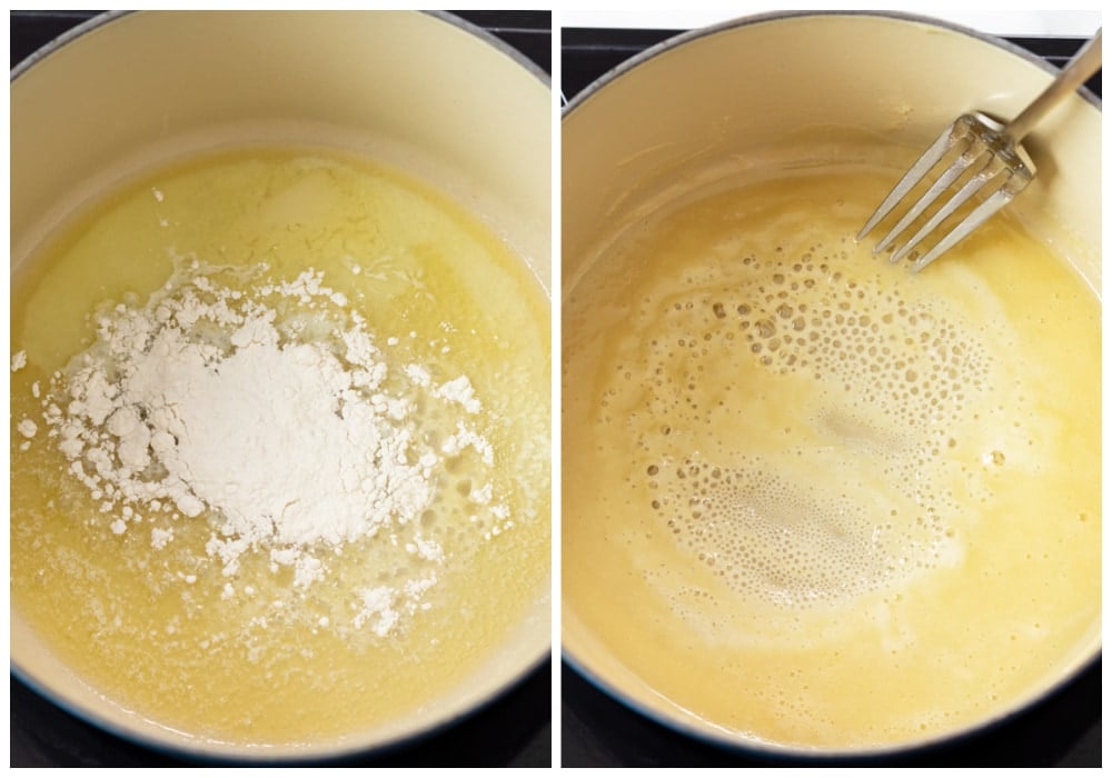 Making a roux in a dutch oven for Broccoli Mac and Cheese.