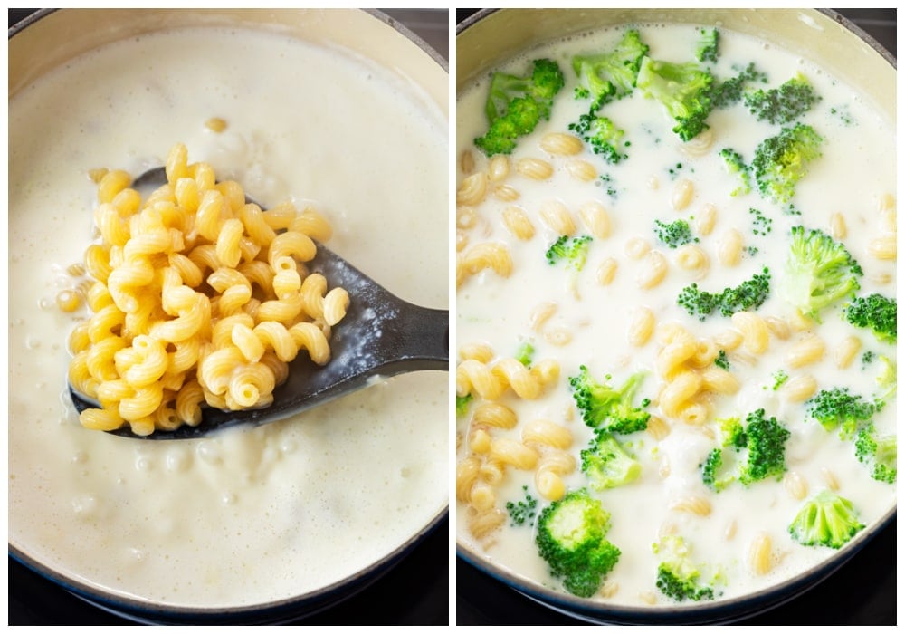 Adding pasta noodles to sauce for Broccoli Mac and Cheese.