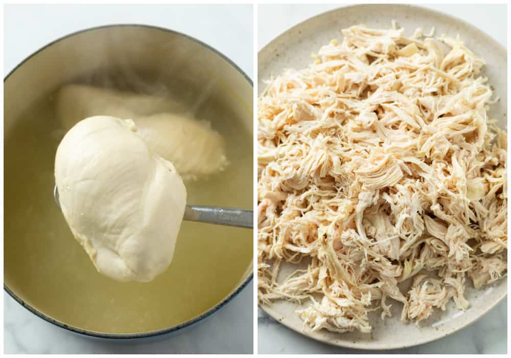 Gently boiling chicken breast in water and shredded for Buffalo Chicken Dip.