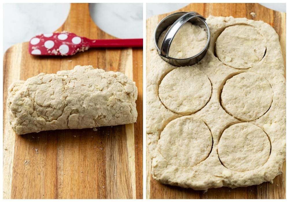 A cutting board with buttermilk biscuit dough being rolled and cut into biscuits.