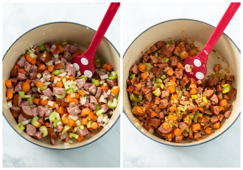 Diced onions, carrots, celery, and kielbasa in a Dutch oven sauteed with garlic and tomato paste.