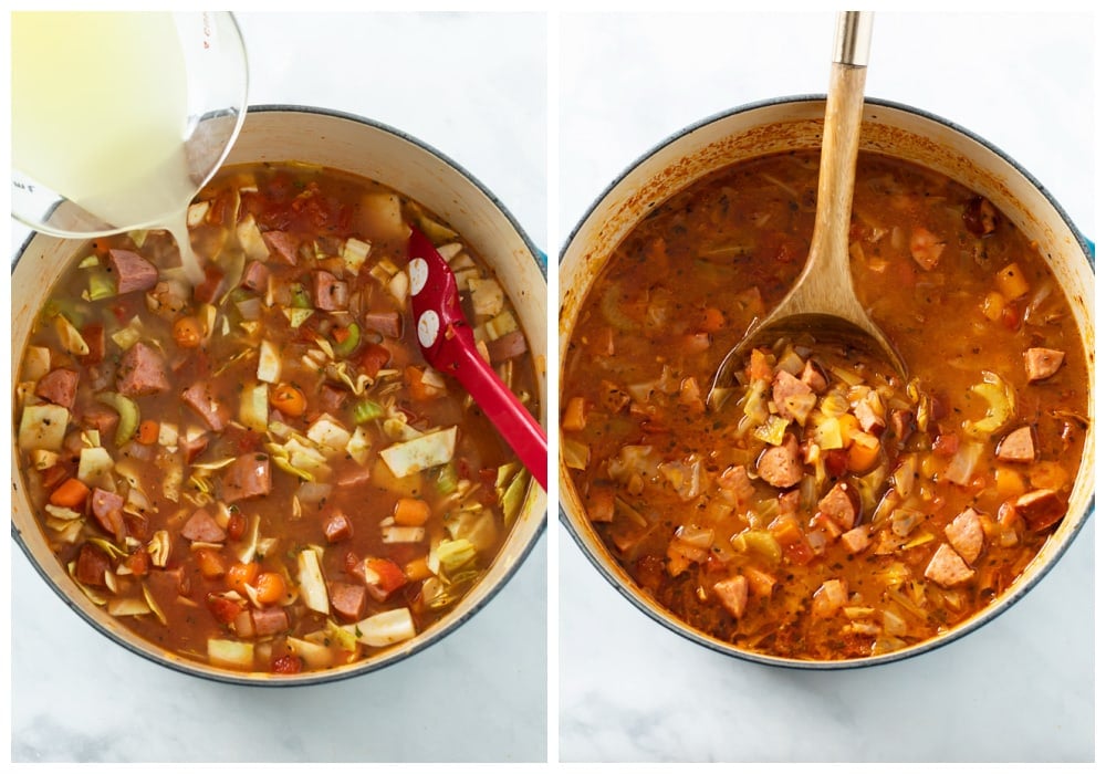 A Dutch oven with chicken broth being added to Cabbage Soup.