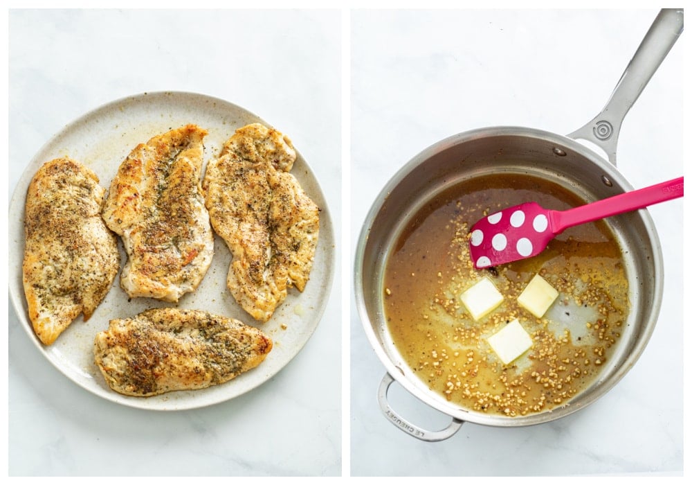 A plate of seared chicken next to a skillet with garlic, butter, and white.