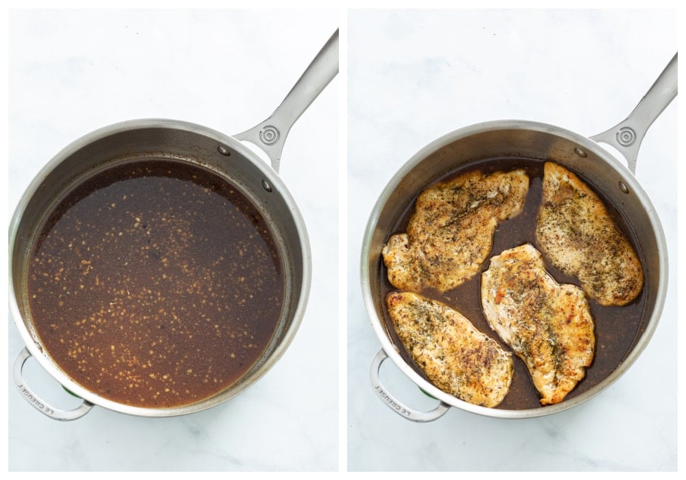 A skillet with balsamic sauce with seared chicken added to it.