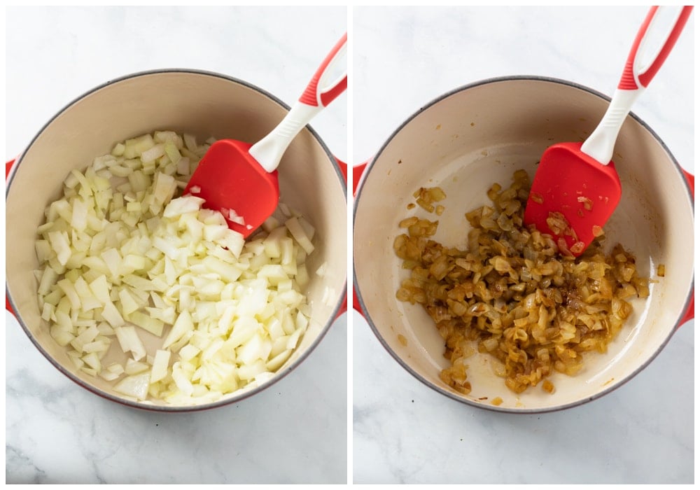 A dutch oven before and after caramelizing onions.