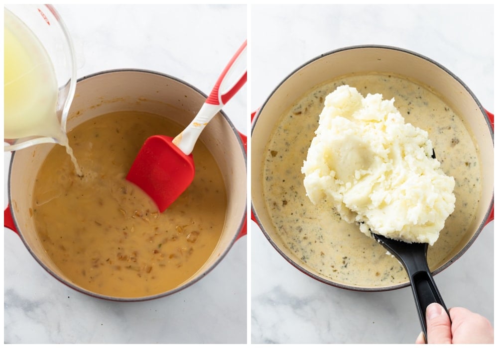 Adding chicken broth and mashed potatoes to Cheesy Potato Soup.