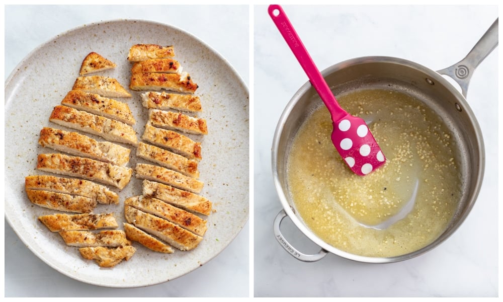 Sliced chicken on a plate next to a skillet of melted butter and garlic for alfredo sauce.