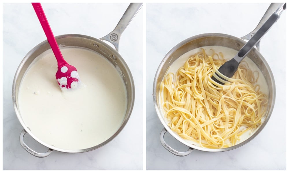 A skillet with Alfredo Sauce next to a skillet with fettuccine being added to the Alfredo sauce.