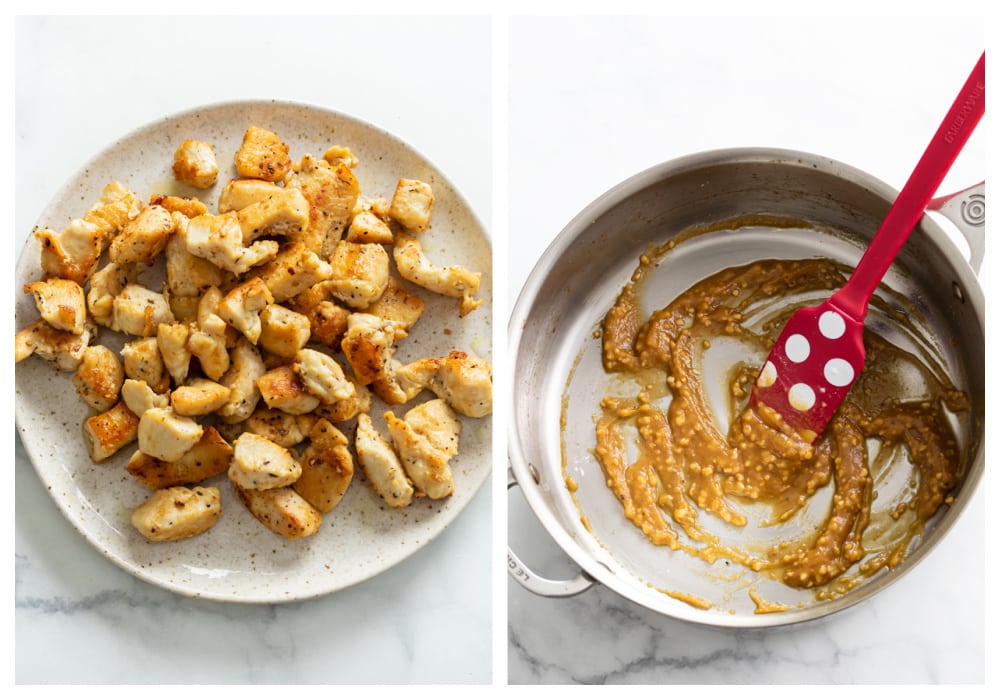 Seared bites of chicken next to a skillet of a roux with wine and garlic.