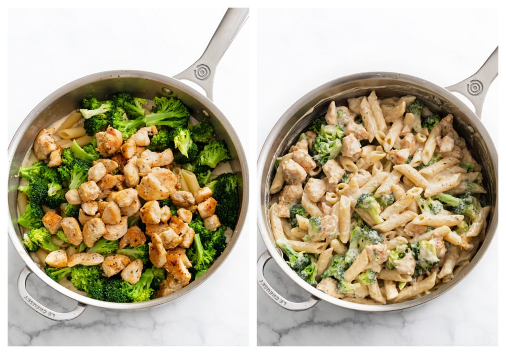 Adding pasta, broccoli, and chicken to a skillet of cream sauce for chicken and broccoli pasta.