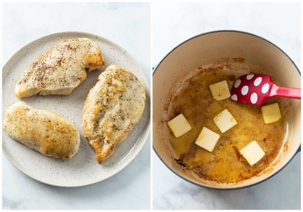 Cooked chicken breast on a plate next to a pot with fond and butter.