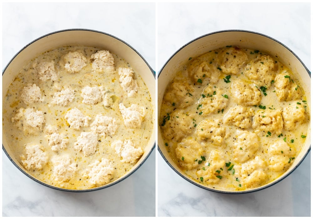 Dumplings on top of a pot of chicken soup before and after being steamed.