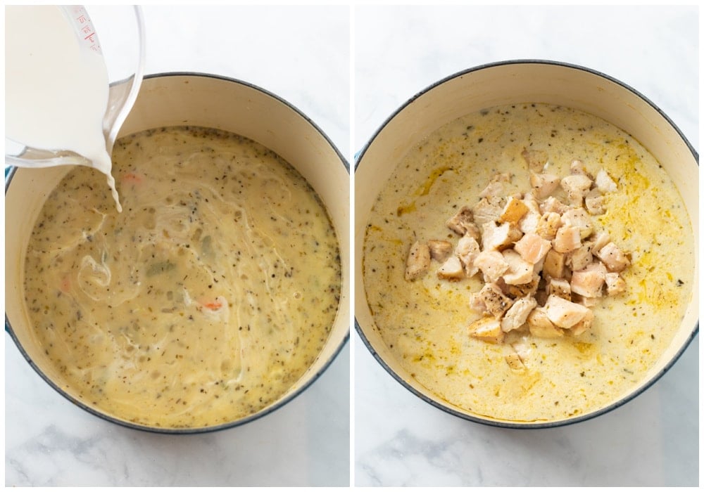 Adding cream and chicken to Chicken and Dumpling soup.