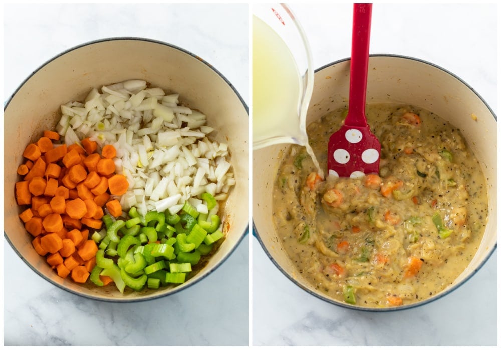 Making Chicken and Dumplings in a pot with vegetables, a roux, and chicken broth.