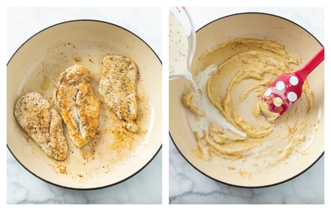 Cooking chicken in a skillet and making a roux in the same skillet.