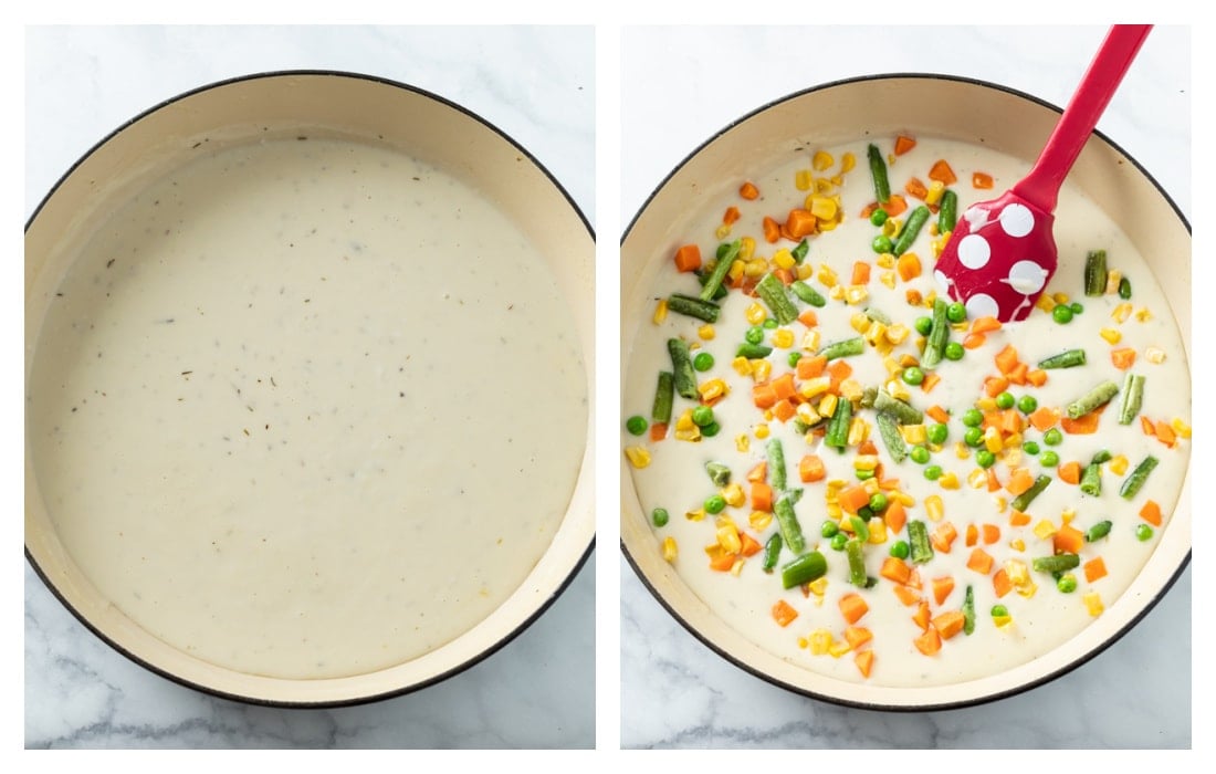 Adding vegetables to a cream sauce to make chicken and noodles.