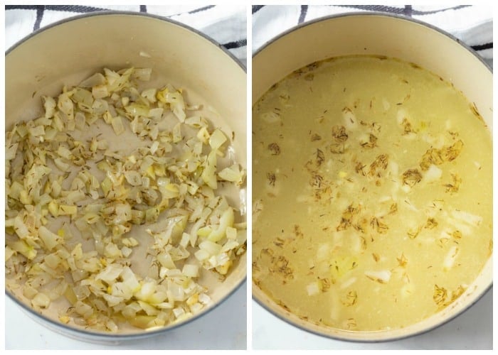 A dutch oven with sauteed onions and chicken broth with seasonings.