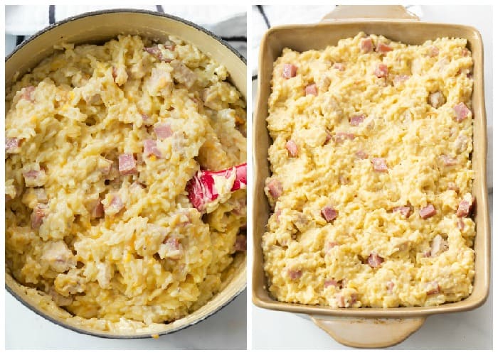 Filling for Chicken Cordon Blue Casserole in a dutch oven and a casserole dish.