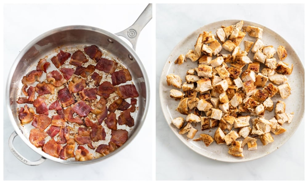 Crispy bacon in a skillet next to a plate with diced seared chicken.