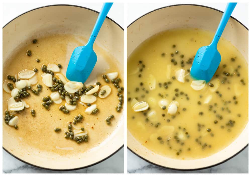 Making sauce for Chicken Piccata with white wine, capers, garlic, and chicken broth.