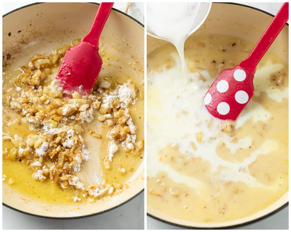 Sauteing onions and garlic in butter and adding flour, chicken broth, and milk to make a roux.