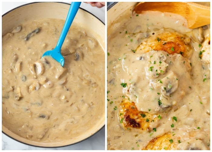 Creamy Stroganoff Sauce next to a skillet of Chicken in the sauce.