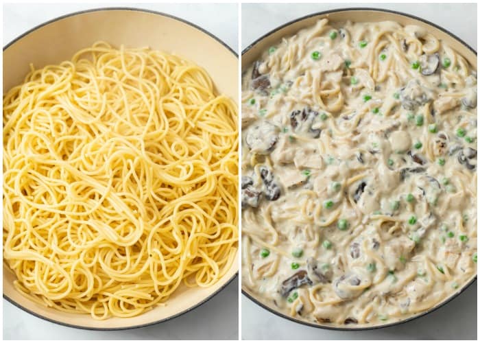 Cooked spaghetti next to a pot of spaghetti mixed in creamy tetrazzini sauce.