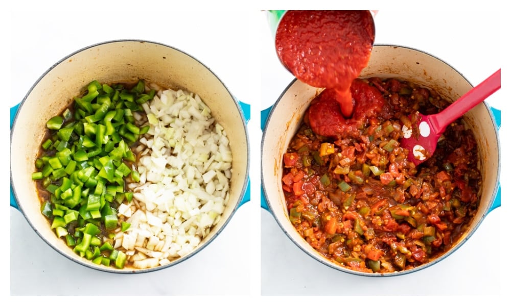 Cooking onions and peppers next to a pot with sauce being added to vegetables.