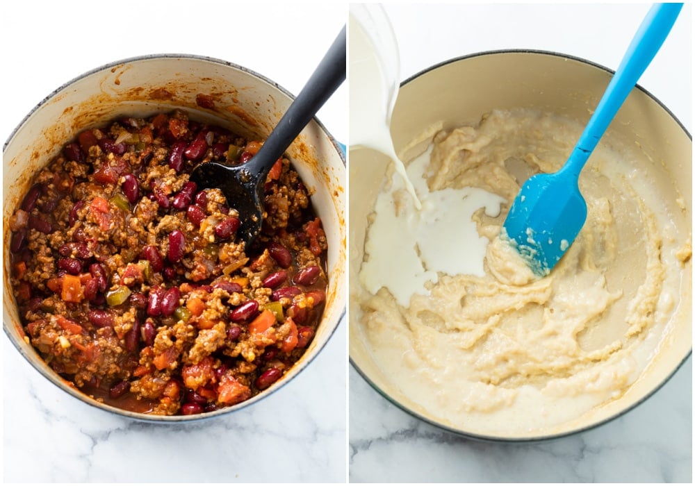 Chili in a pot next to a pot of roux with milk being added to make a roux.