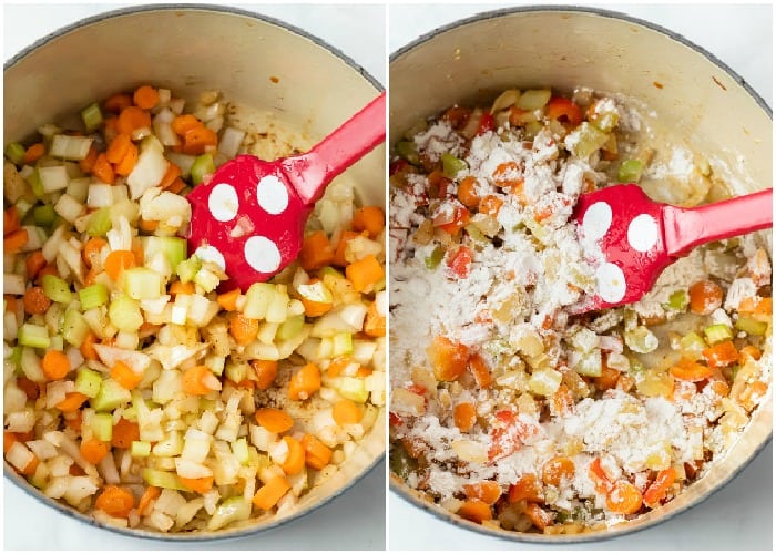 Diced onions, carrots, and celery in a pot with flour being added to make corn chowder.