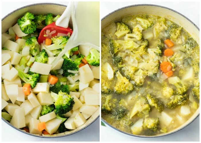 Adding potatoes and chicken broth to a pot with vegetables to make cream of broccoli soup.